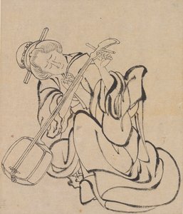 Tuning the Samisen, slutten av 1700-begynnelsen av 1800-tallet. av Katsushika Hokusai