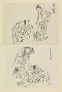 To scenescener, en med en mann og en kvinne og en med en mann og en revekvinne av Katsushika Hokusai