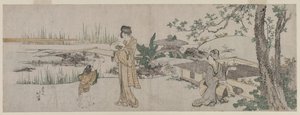 To kvinner og et barn ved siden av en gullfisketank av Katsushika Hokusai