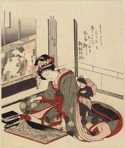 Kvinne som arrangerer Bonkei, 1820-1834 av Katsushika Hokusai