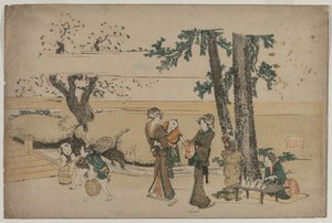 Kvinne som passerer en butikk i veikanten i nærheten av Oji av Katsushika Hokusai