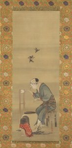 Kvinne som spinner silke, datert 1790. av Katsushika Hokusai