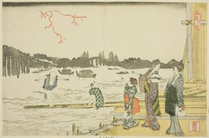 Kvinner og barn ser på fyrverkeriet av Katsushika Hokusai