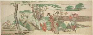 Kvinner og barn ute på piknik av Katsushika Hokusai