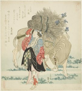 En kvinne fra Ohara som leder en okse, fra serien "Five Annual Festivals for the Katsushika Ciricle (Katsushika gosekku)" av Katsushika Taito II