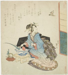 Geisha ser opp på en gjøk, fra serien "Five Annual Festivals for the Katsushika Circle (Katsushika gosekku)"