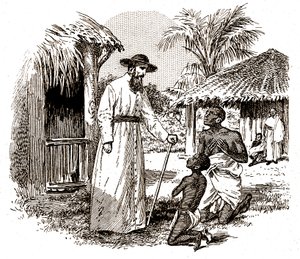En katolsk misjonær i Afrika som praktiserer en konvertering på et barn og hans far, ca. 1900 (gravering) av David Mosé