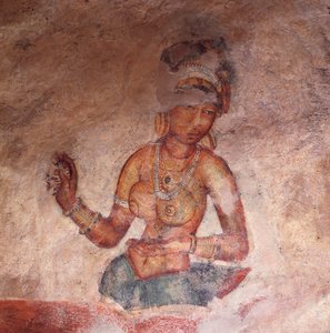 Apsaras, himmelsk nymfe gir et tilbud, freskomaleri, befestet citadell av Sigiriya (UNESCOs verdensarvliste av David Mosé
