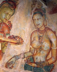 Apsaras, himmelsk nymfe som tilbyr blomster, freskomaleri, befestet citadell av Sigiriya (UNESCOs verdensarvliste av 