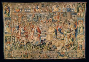 Parish museum for billedvev (Pastrana Parish Museum of Tapestries). flamsk billedvev. Charlemagne, triumferende inntog i Carmania (Alexander den store, triumferende inntog i Carmania). av David Mosé