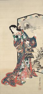 Skjønnhet før en skjerm, 1800-tallet. av Kawanabe Kyosai