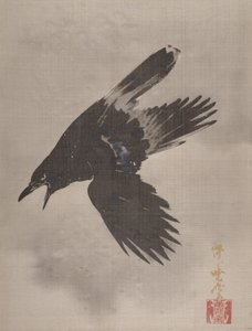 Kråke som flyr i snøen, ca. 1887. av Kawanabe Kyosai