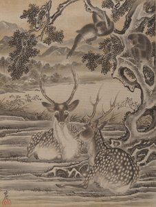 Hjort og aper, ca. 1887. av Kawanabe Kyosai