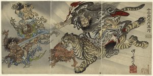 Mai: Shoki the Demon Queller Riding on a Tiger, Subjugating Goblins, fra serien "Of the Twelve Months: the Fifth av Kawanabe Kyosai