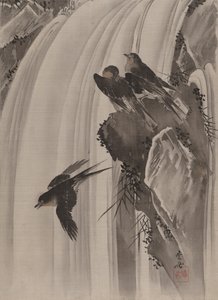 Svaler ved en foss, ca. 1887. av Kawanabe Kyosai