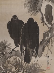 To kråker på en furugren, ca. 1887. av Kawanabe Kyosai
