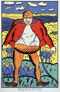 Se, Vistula er ikke langt... (Se, vistula er ikke langt...). Første verdenskrig (1914-1918), en gigantisk tysk soldat med åpen jakke og hjelm med pigg, etterfulgt av resten av troppene hans, i Polen, etter konfrontasjonen. av Kazimir Severinovich Malevich