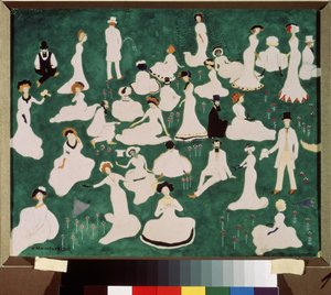 Avslapning. Høyt samfunn i topphatter. (Relaxing. High Society in Top Hats). Scene med moro og avslapning på plenen i en park. Verk av Kasimir Severinovich Malevitch (Malevich, Malevic) (1878-1935), akvarell, gouache og blekk på av Kazimir Severinovich Malevich