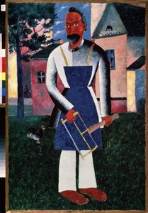Sommerboer. (Sommerboer). Foran en landsby om sommeren, portrett av en snekker, barbeint, i et forkle som holder verktøyene sine. Maleri av Kasimir Severinovich Malevitch (Malevich, Malevic) (1878-1935), olje på tre av Kazimir Severinovich Malevich