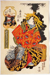 Kurtisane Hanaogi fra Ogiya-huset ved kurtisanernes vårparade, ca. 1830, ukiyo-e kunsttrykk av Keisai Eisen (1790-1848), Oban tate-e tresnitt, 38,5 x 25. 7 cm, japansk sivilisasjon, Edo-periode