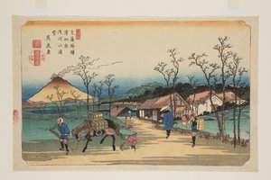 Nr. 4, Urawa Station: Fjernsyn over Asama-fjellet (Urawa shuku, Asamayama enb?) (farget treblokktrykk) av Keisai Eisen