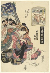Courtesan Katsuragi fra Sugata Ebiya-huset, sammenlignet med Chirifu-stasjonen. Sugata Ebiya uchi Katsuragi, Chirifu (tittel på objekt) Reisespill med kurtisaner; de 53 stasjonene til Tokaido sammenlignet med Yoshiwara. (serietittel) Keisei