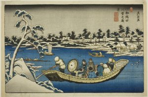 Fjern utsikt over snø på Sumida-elven i Edo av Keisai Eisen