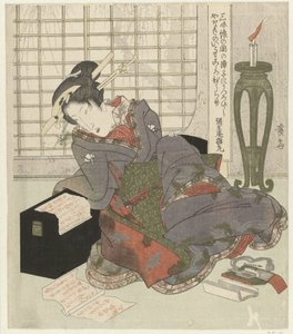 En geisha lener seg på shamisens boks av Keisai Eisen