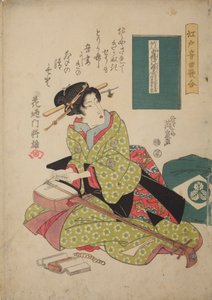 Kvinne som setter en streng på en shamisen, fra serien: Musikalsk konkurranse i Edo i shamisen-spill - Edo ongyoku uta-awase av Keisai Eisen