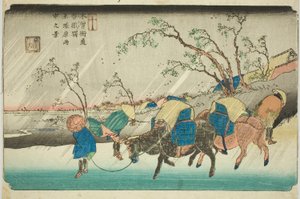 Nr. 20: Regn på Hiratsuka-sletten nær Kutsukake Station (Niju: Kutsukake no eki, Hiratsukahara uchu no kei), fra serien "[Sixty-nine Stations of the] Kisokaido (Kisokaido [rokujukyu tsugi no uchi])" av Keisai Eisen