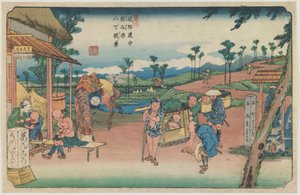 Nummer 9: Utsikt over Hatchō-vollen ved Kumagaya stasjon, fra serien «Langs Kiso-veien» av Keisai Eisen