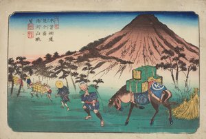 Oiwake, reisende med en hest passerer et fjell, plate 22 fra serien: De sekstini stasjonene langs Kisokaido-veien av Keisai Eisen