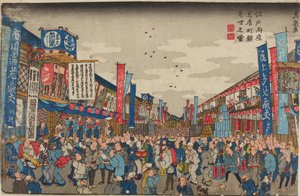 Folkemengde foran teatrene i Shibaimachi-gaten / Bilde av Kaomise-teatrene i Edo, Shibaimachi av Keisai Eisen