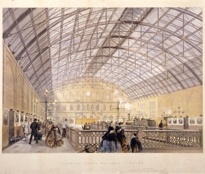 Interiør av Charing Cross Station som viser tog og jerntaket, London, c1890