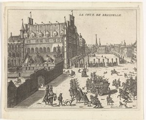 Utsikt over domstolen i Brussel, 1673. La cour de Brusselle (tittel på objekt) av Kemnitz