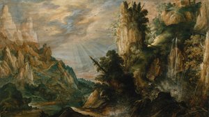 Et fjelllandskap med en foss, ca. 1600.
