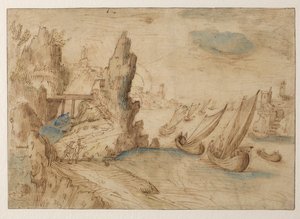 Imaginær kystscene med fiskefartøy, 1575-1633