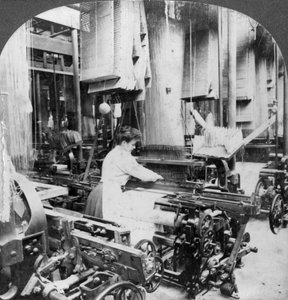 Veving av linstoff, Montreal, Canada, tidlig på 1900-tallet