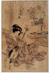 Art japan: musiker. Trykk av Eizan Kikugawa (1787-1867) Rennes fra 1700-tallet, Musee des Beaux Arts
