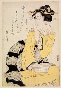 Sittende kurtisane med bok, ca. 1804-29 (fargetresnitt)