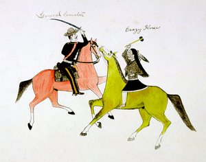 Konflikt mellom general George Custer 1839-1876 og Crazy Horse, Sioux Dakota Indian.