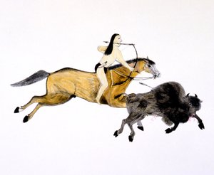 Mounted Grand Plains indisk jakt på bøffel med pil og bue, c1890-c1927.