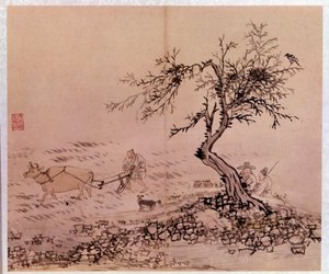 Art coreen: scene de plowing. Trykk av Kim Hong-do (Kim Hong Do) eller Danwon (1745-ca. 1806)