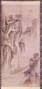 Art coreen: returen til Mu-i. Kjernelandskap med båt og bratt klippe. Trykk av Kim Hong do eller Danwon (1745-ca. 1806). 1760. Hyung Pil Chun Samling.