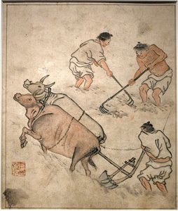Landbruksarbeidsscene. Maleri av Danwon (Kim Hongdo) (1745-1806), blekk på papir, Coreen-kunst, periode Joseon (Choson) 1700-tallet. Nasjonalmuseet i Korea, Seoul (Sør-Korea).