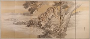 Seksdelt skjerm som viser en drikkende tiger, 1749-1838