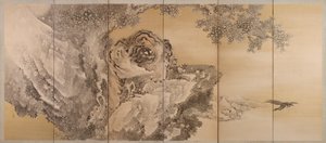 Seksdelt skjerm som viser en brølende tiger, 1749-1838