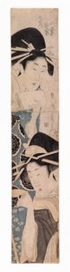 To kurtisaner, en med sakekopp, ca. 1795-1804 (fargetresnitt) av Kitagawa Kikumaro
