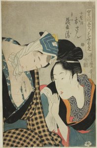 En ferdighetstest - Kjærlighetens kilder (Jitsu Kurabe Iro No Minaka): Osan og Mohei (farget tresnitt; oban) av Kitagawa Utamaro