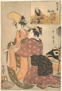 En kvinne kler en jente til kabuki-dansen «Musume Dōjōji», med et «brorbilde» (E-kyōdai) av en apetrener av Kitagawa Utamaro